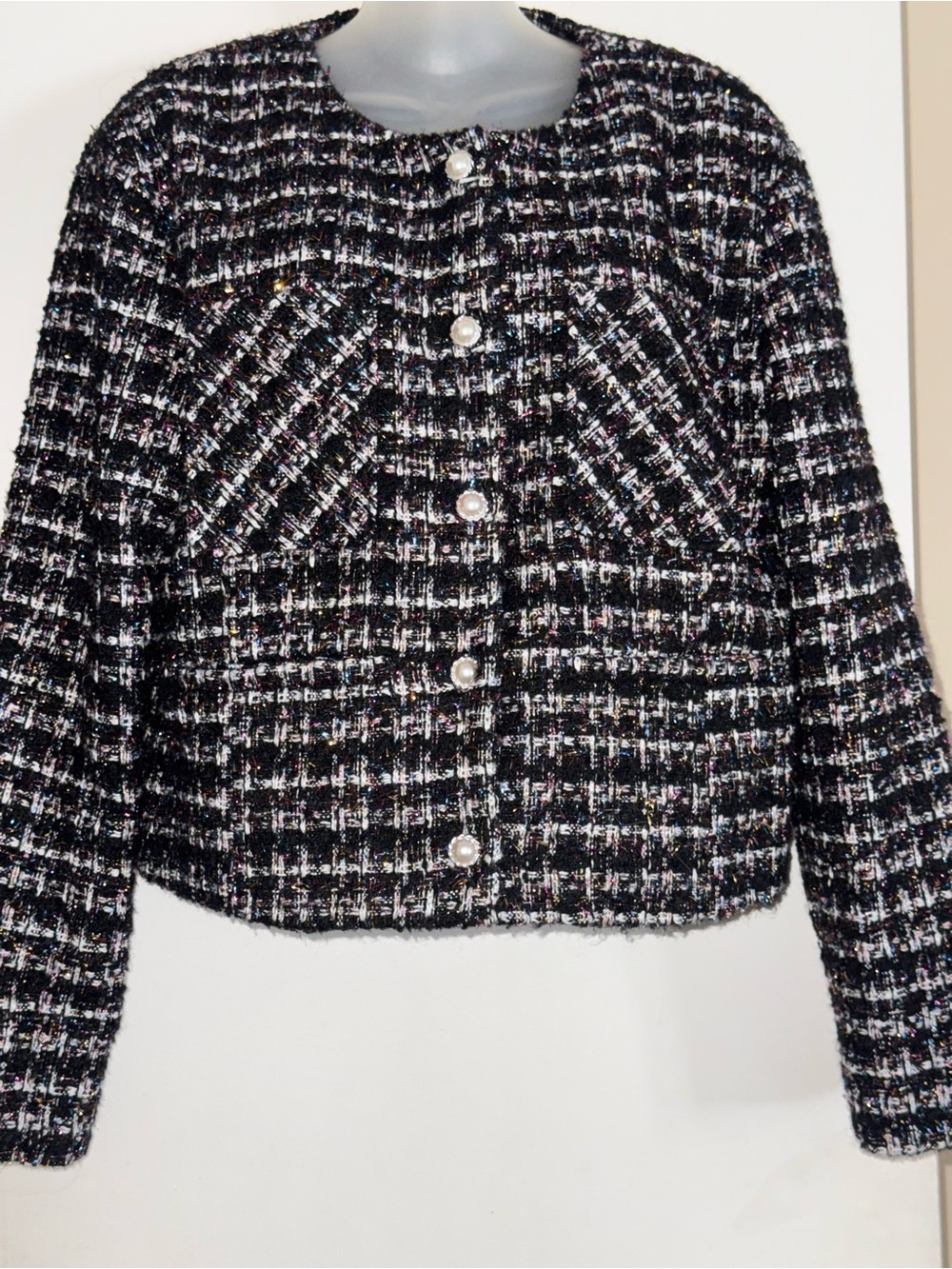 Classic Black Tweed Pearl-Button Jacket